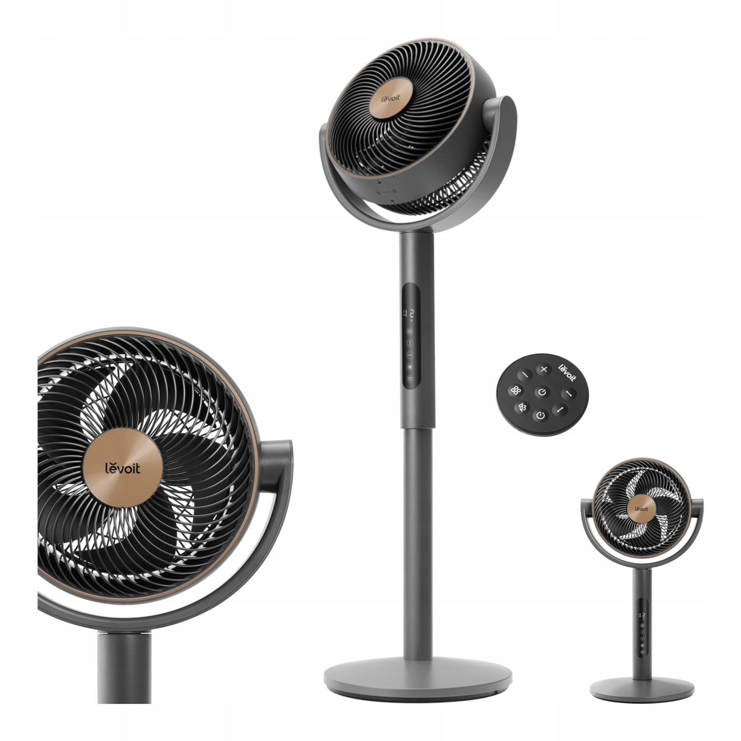 Szary wentylator stojący z okrągłą podstawą i głowicą. Pilot po prawej stronie.