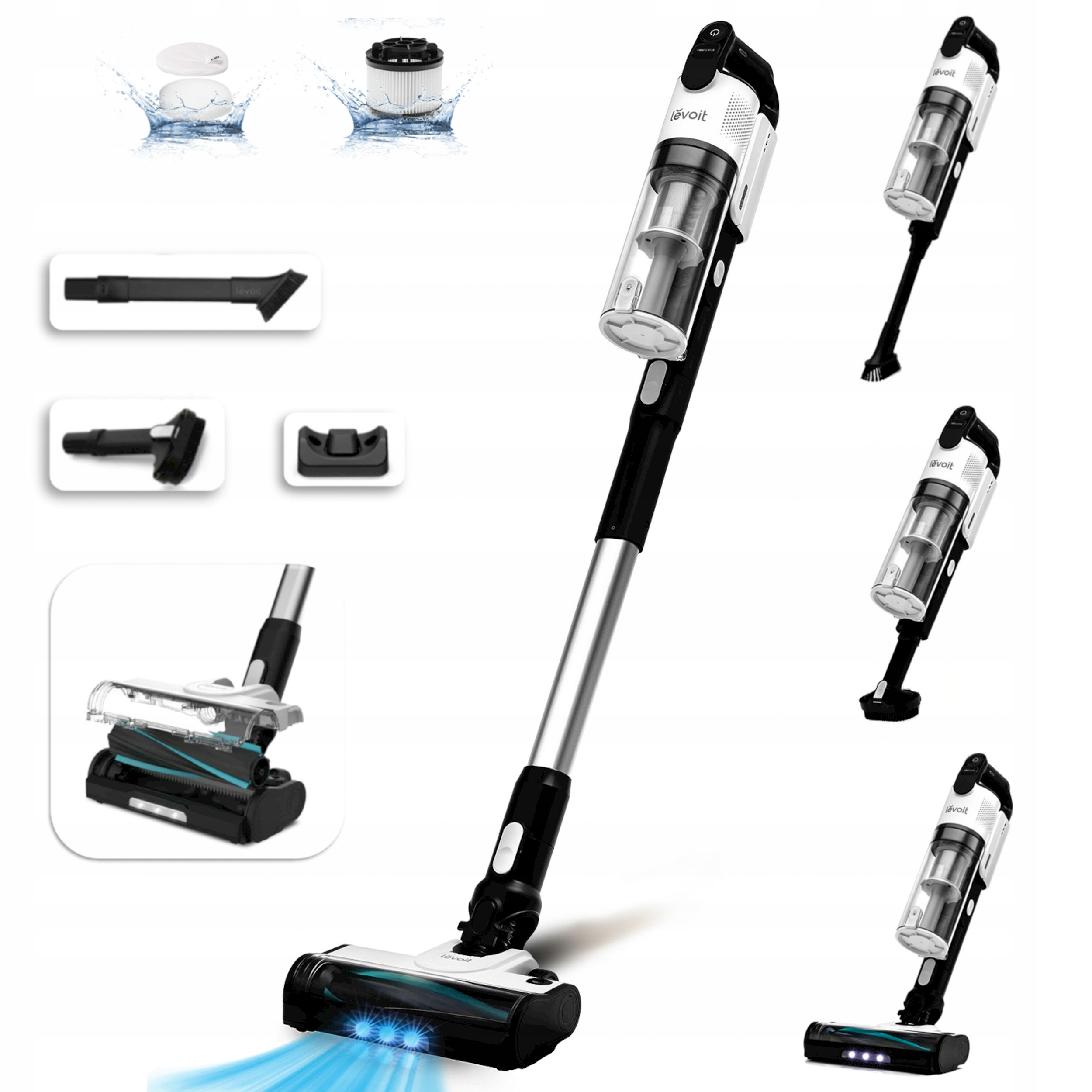 Bezprzewodowy odkurzacz z różnymi częściami i kątami. Zawiera szczotki, podstawę ładującą i spryskiwacz wody.