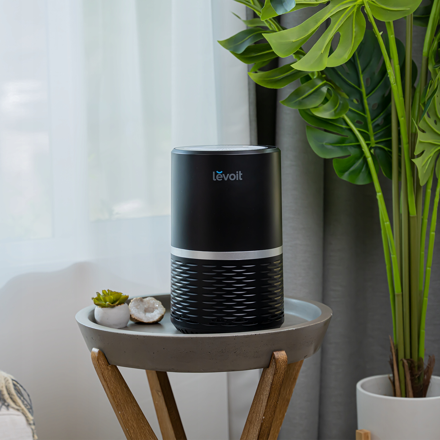 Czarny oczyszczacz powietrza na drewnianym stojaku z roślinami i oknem w tle. Widoczna marka Levoit.