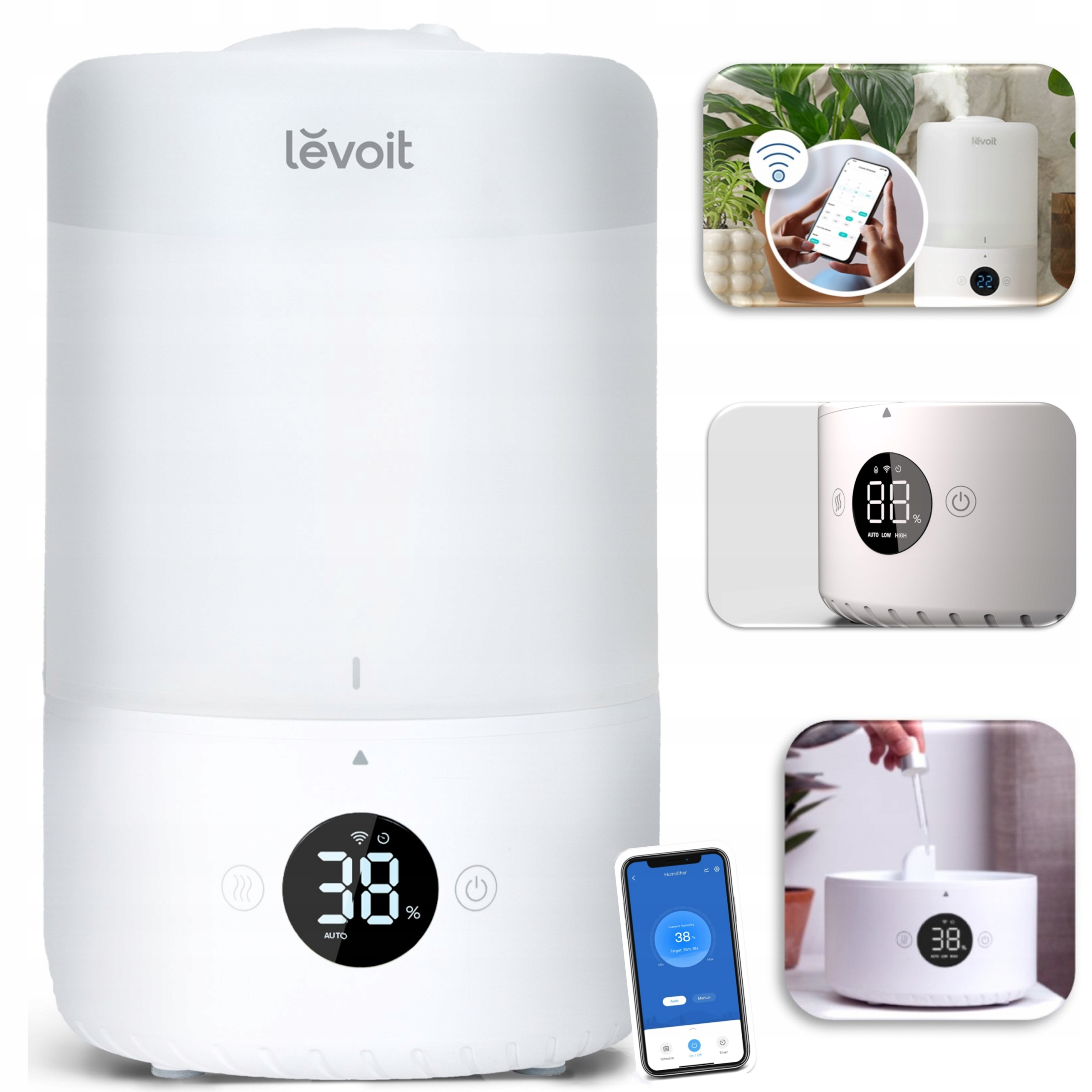 Biały nawilżacz Levoit z cyfrowym wyświetlaczem, prezentujący jego funkcje i sterowanie za pomocą aplikacji na smartfona.