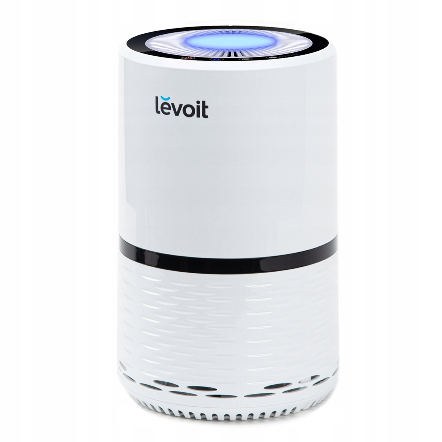 Biały oczyszczacz powietrza Levoit z czarnymi akcentami, na białym tle.