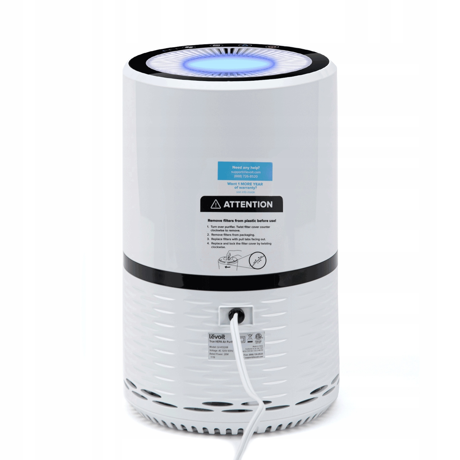 Biały oczyszczacz powietrza Levoit z czarnym paskiem, pokazujący tylny panel i kilka instrukcji.