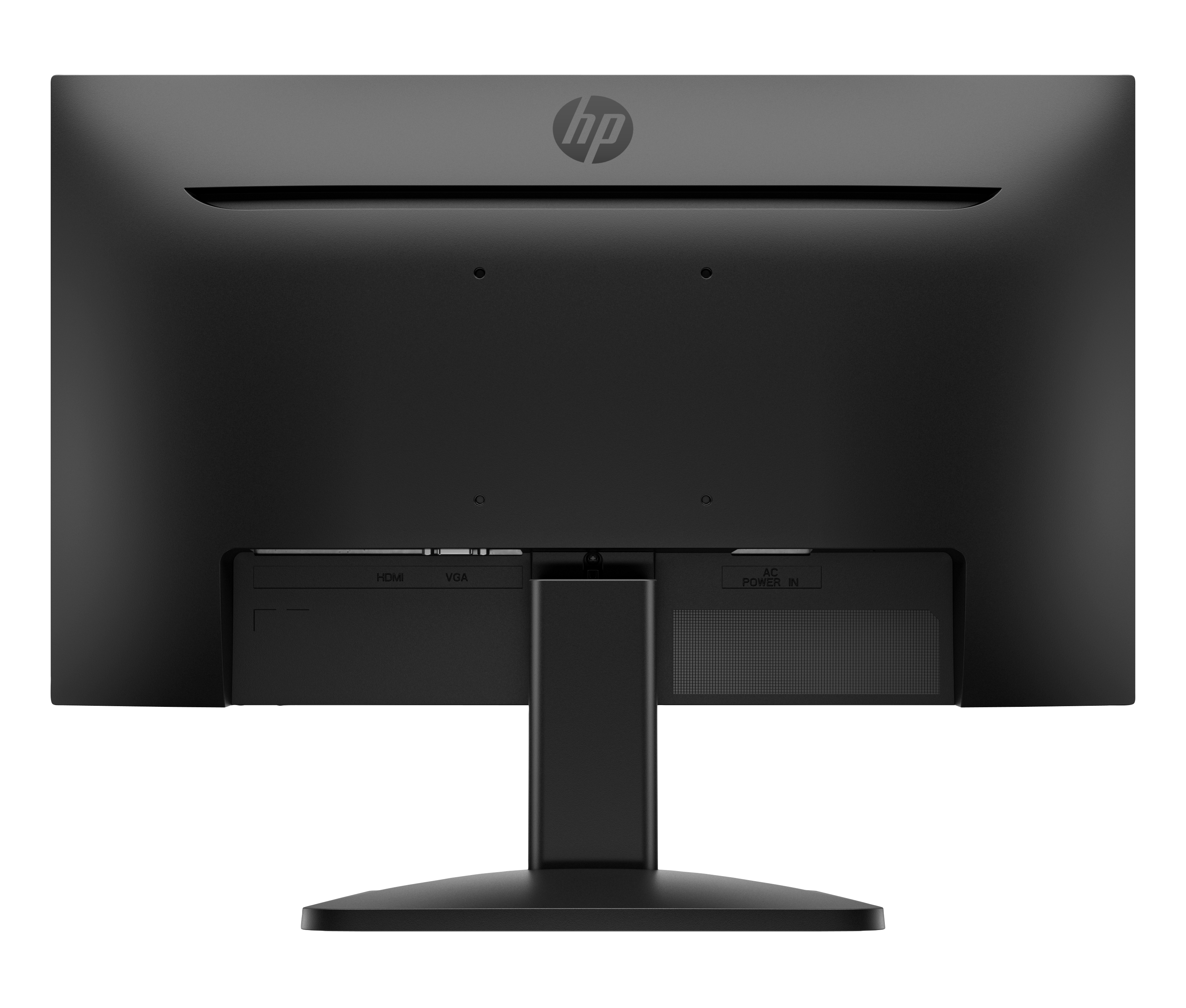 Tył czarnego monitora HP. Widoczne porty: HDMI, VGA, AC Power In. Logo HP u góry.