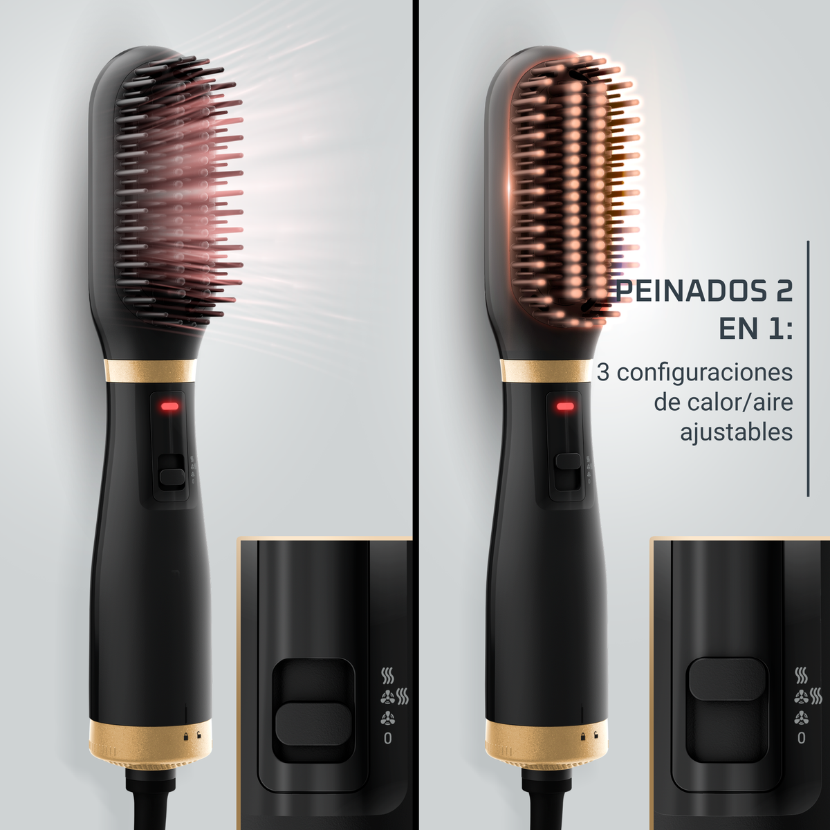 Dwa obrazy porównujące szczotkę do prostowania włosów z ustawieniami ciepła i powietrza.