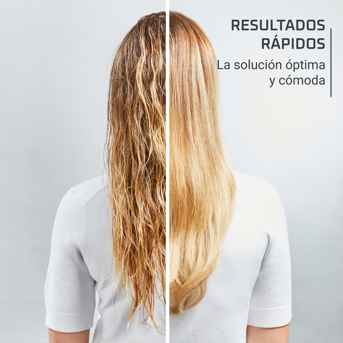 Włosy kobiety przed i po prostowaniu, z tekstem o optymalnych i wygodnych rezultatach.