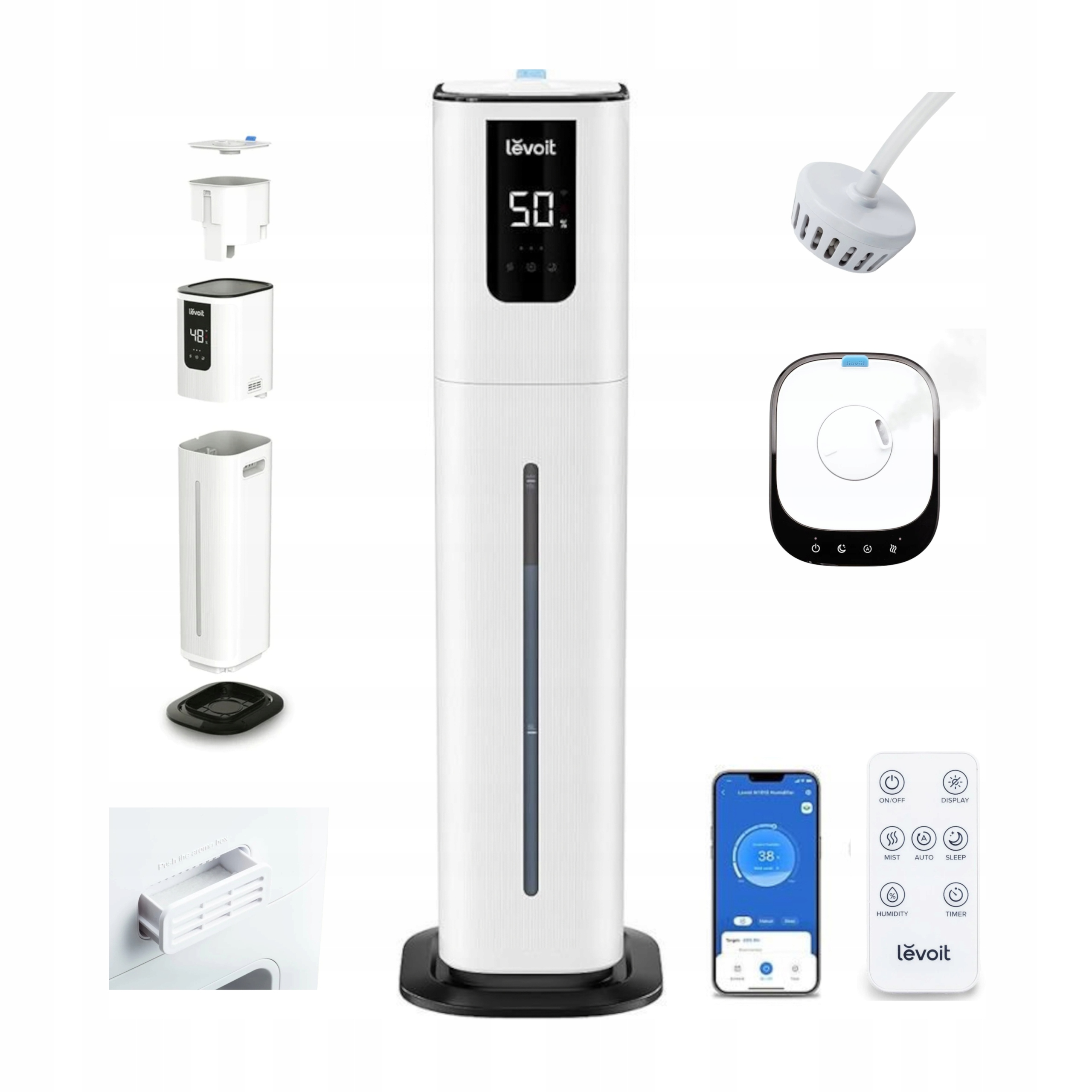 Biały nawilżacz powietrza z wieloma częściami, w tym zbiornikiem na wodę i panelem sterowania. Smartfon pokazuje poziom wilgotności.