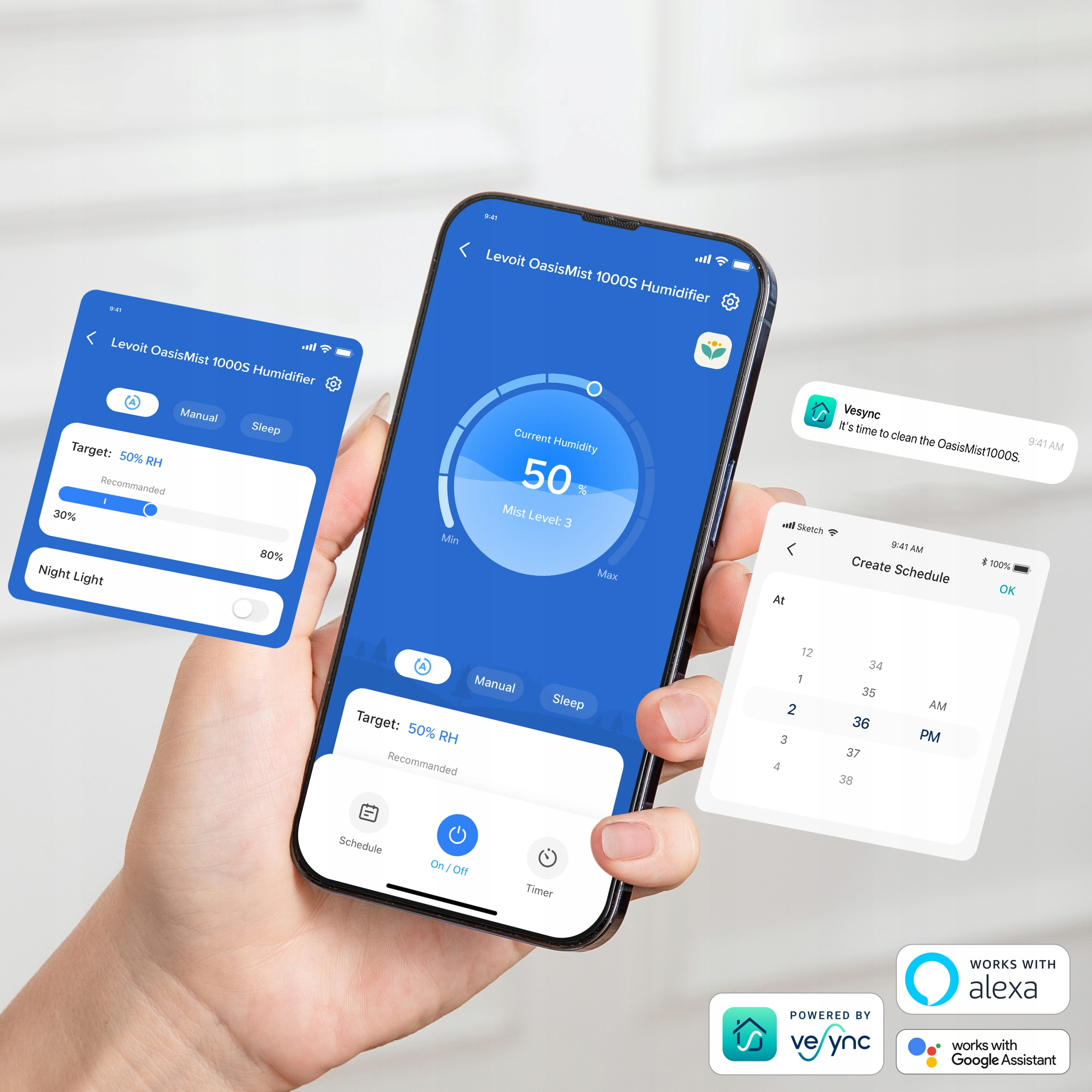 Smartfon wyświetlający kilka aplikacji dla nawilżacza, w tym ustawienia wilgotności, harmonogramu i światła nocnego. Logo Alexa.