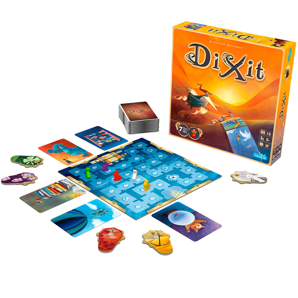 Dixit Brettspiel-Set mit Karten, Spielbrett und Spielfiguren auf weißem Hintergrund.