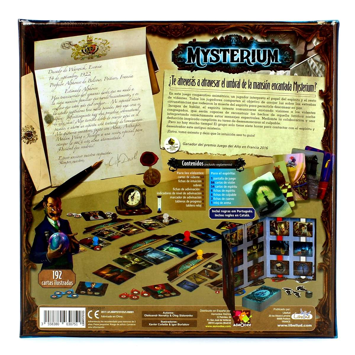 Parte trasera de la caja del juego de mesa Mysterium con componentes y texto en varios idiomas.