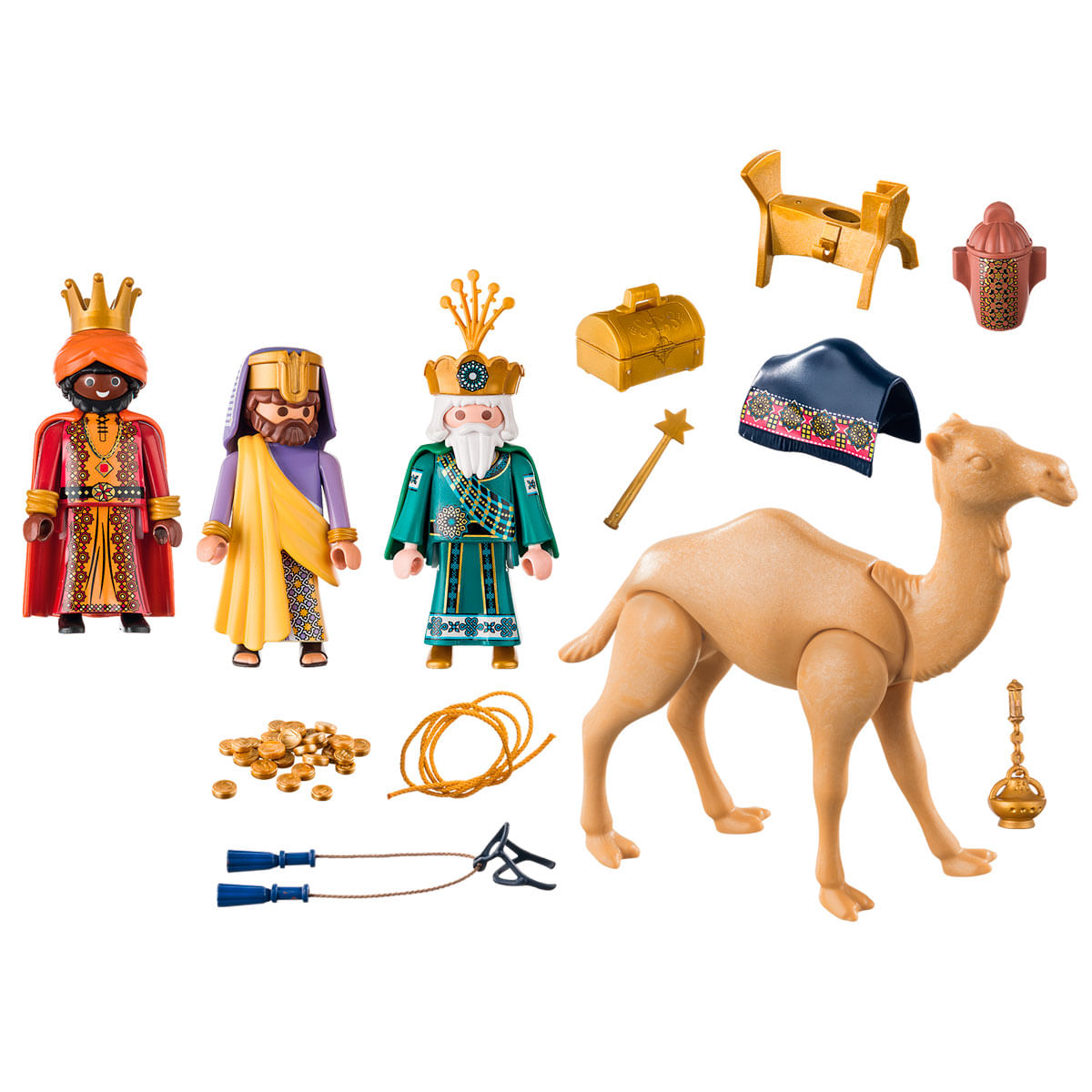 Zestaw Playmobil Trzej Królowie: figurki, wielbłąd, skrzynia, prezenty i akcesoria.