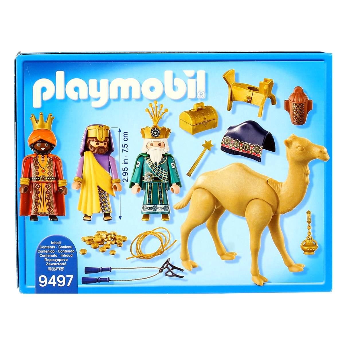 Pudełko Playmobil Trzej Królowie z figurkami, wielbłądem i akcesoriami.