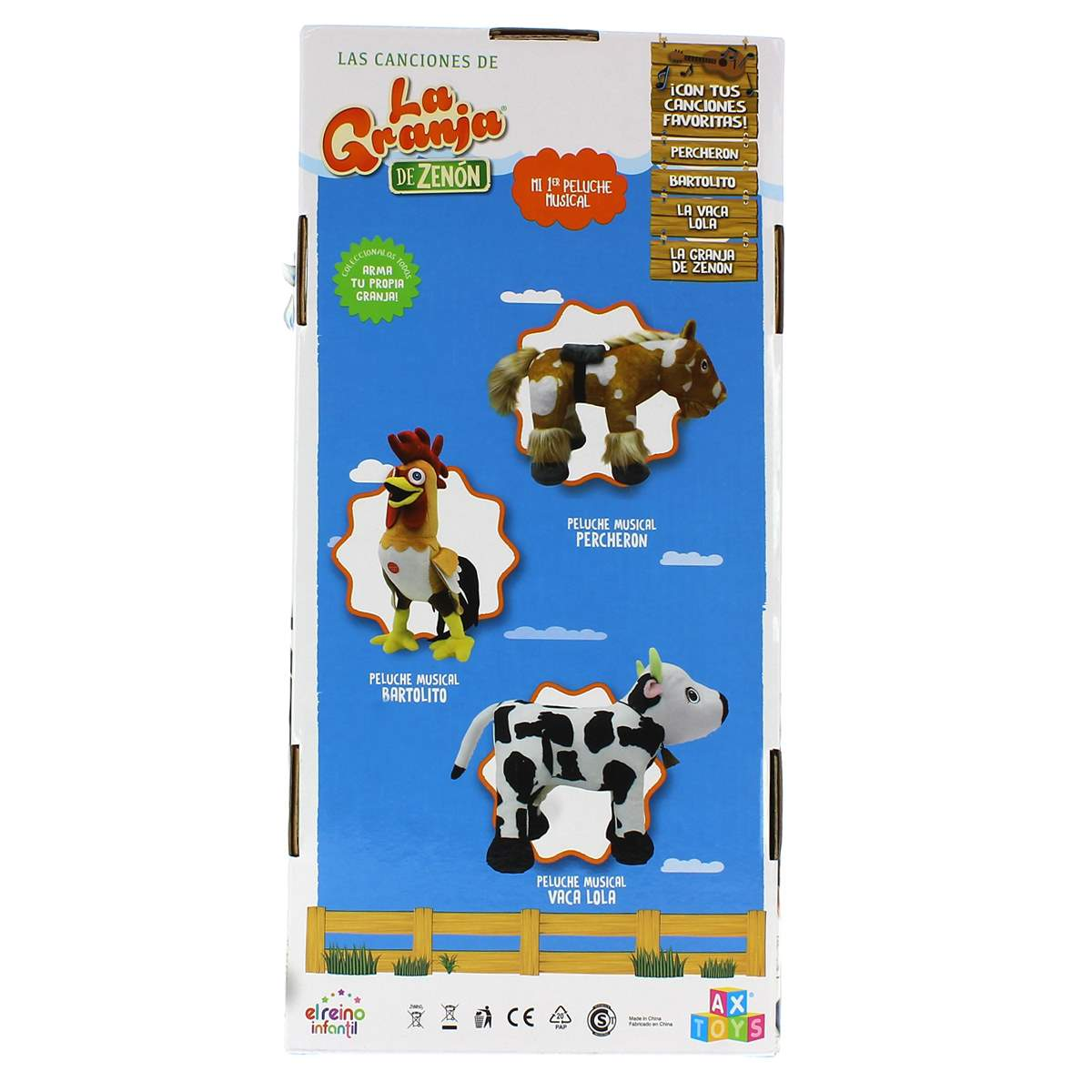 Parte trasera de una caja de juguetes con fotos de tres animales de peluche musicales y texto.