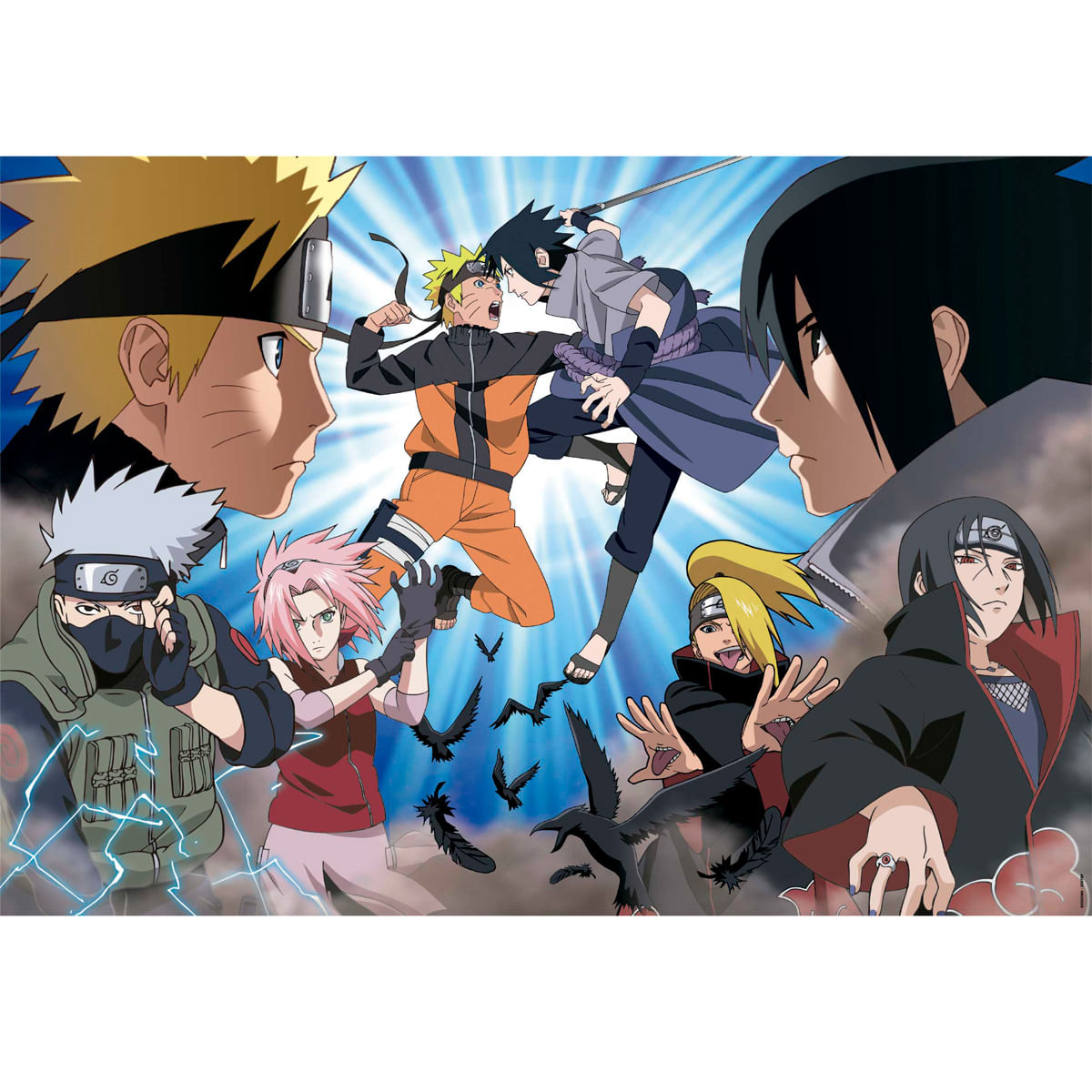 Naruto und Sasuke stehen sich in einer dynamischen Anime-Szene mit anderen Charakteren gegenüber.