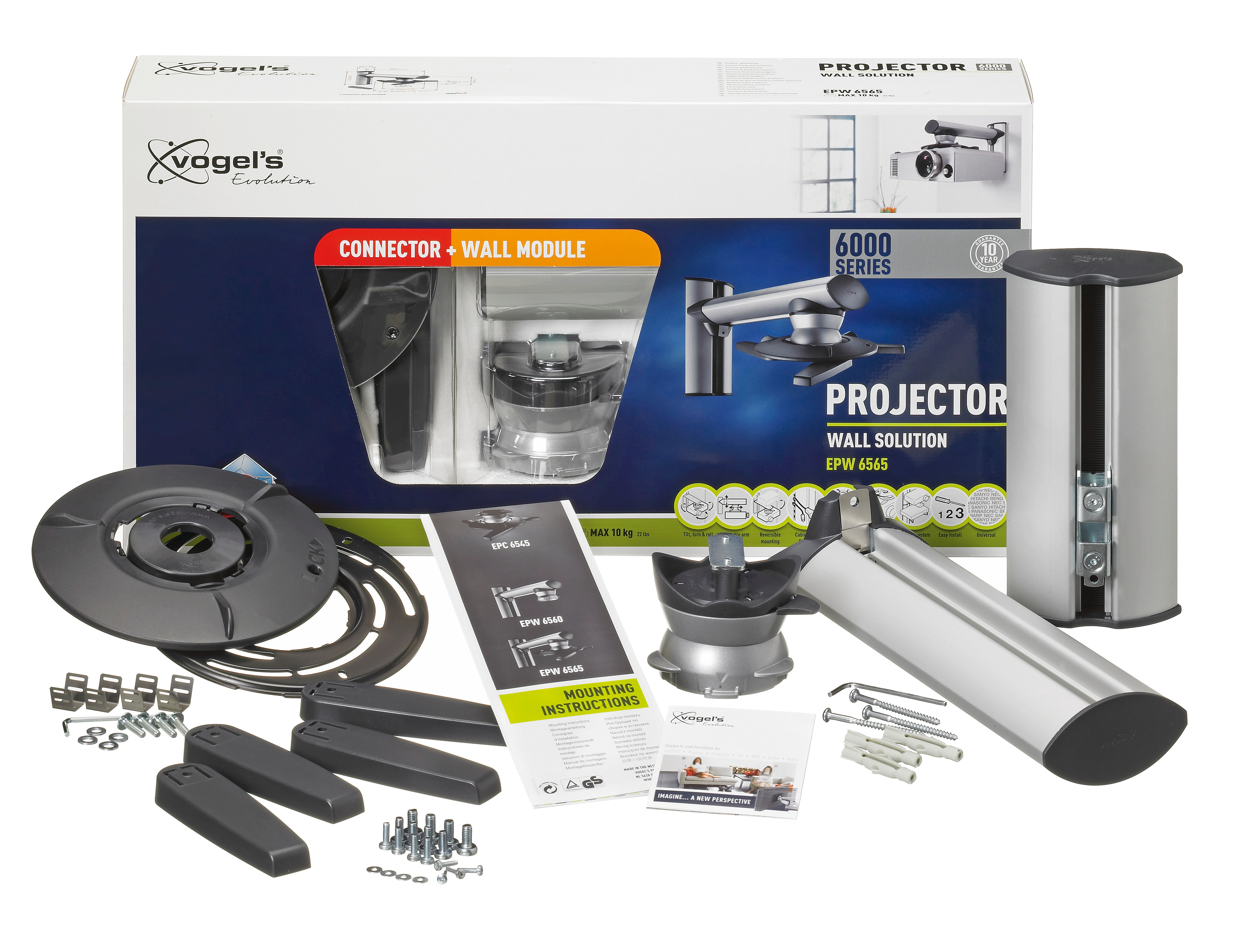 Zestaw sprzętu do montażu projektora z różnymi elementami na białej powierzchni.