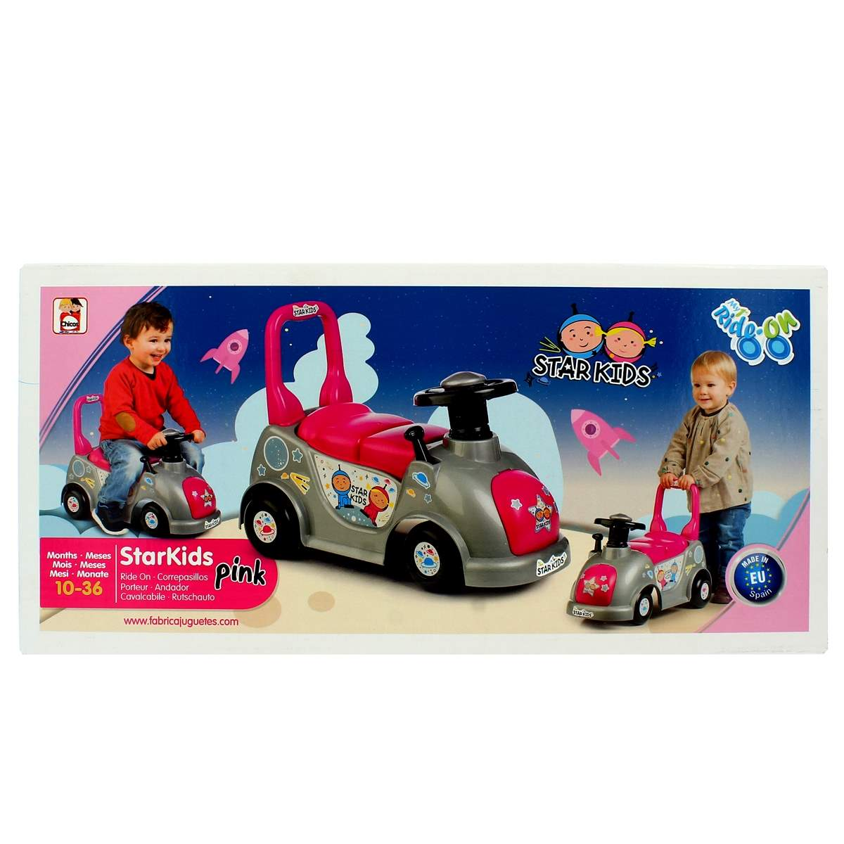 Macchina giocattolo con due bambini. Auto rosa e grigia con testo 'StarKids pink'. Razzi sullo sfondo.
