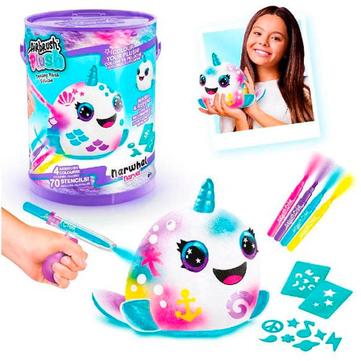 Pluszowa zabawka narwala z zestawem do kolorowania, szablonami i dziewczynką trzymającą narwala.