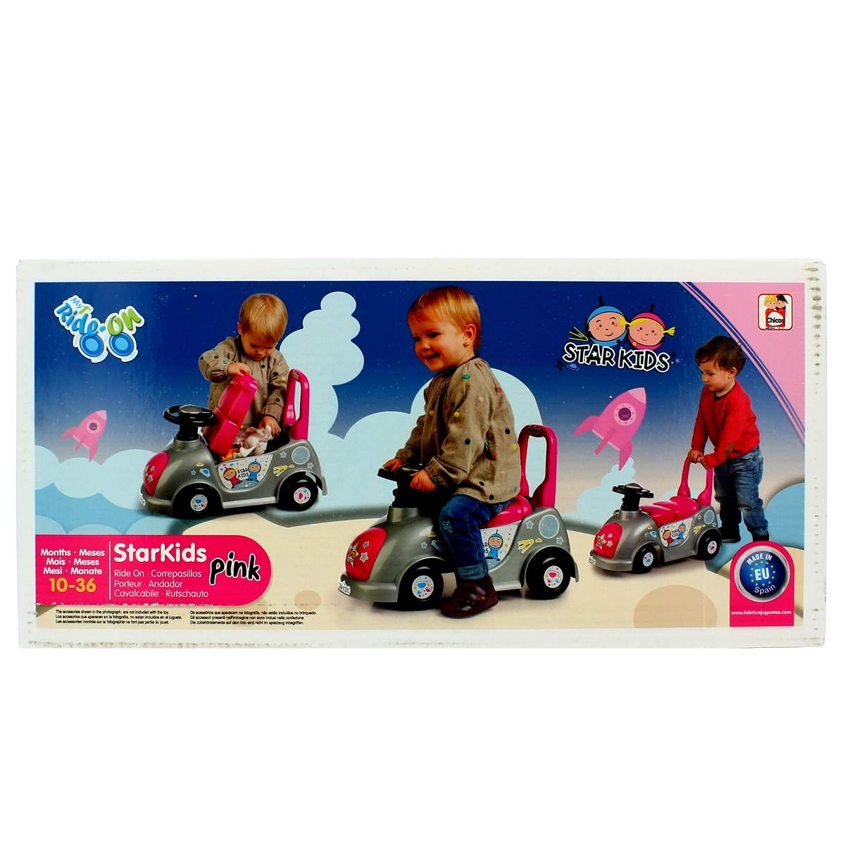 Tre macchinine giocattolo per bambini in una scatola con dettagli rosa e grafica a razzo.