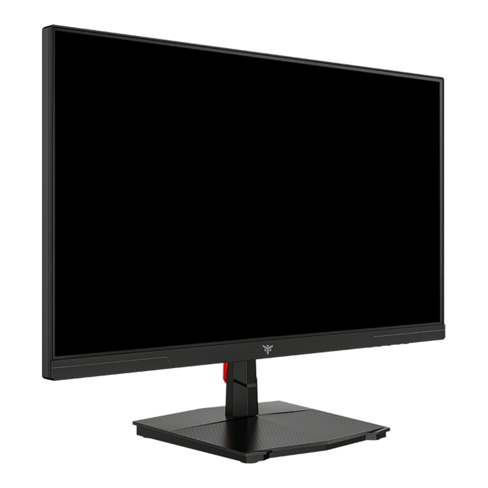 Ein schwarzer Computermonitor mit schwarzem Sockel und roter Akzent.