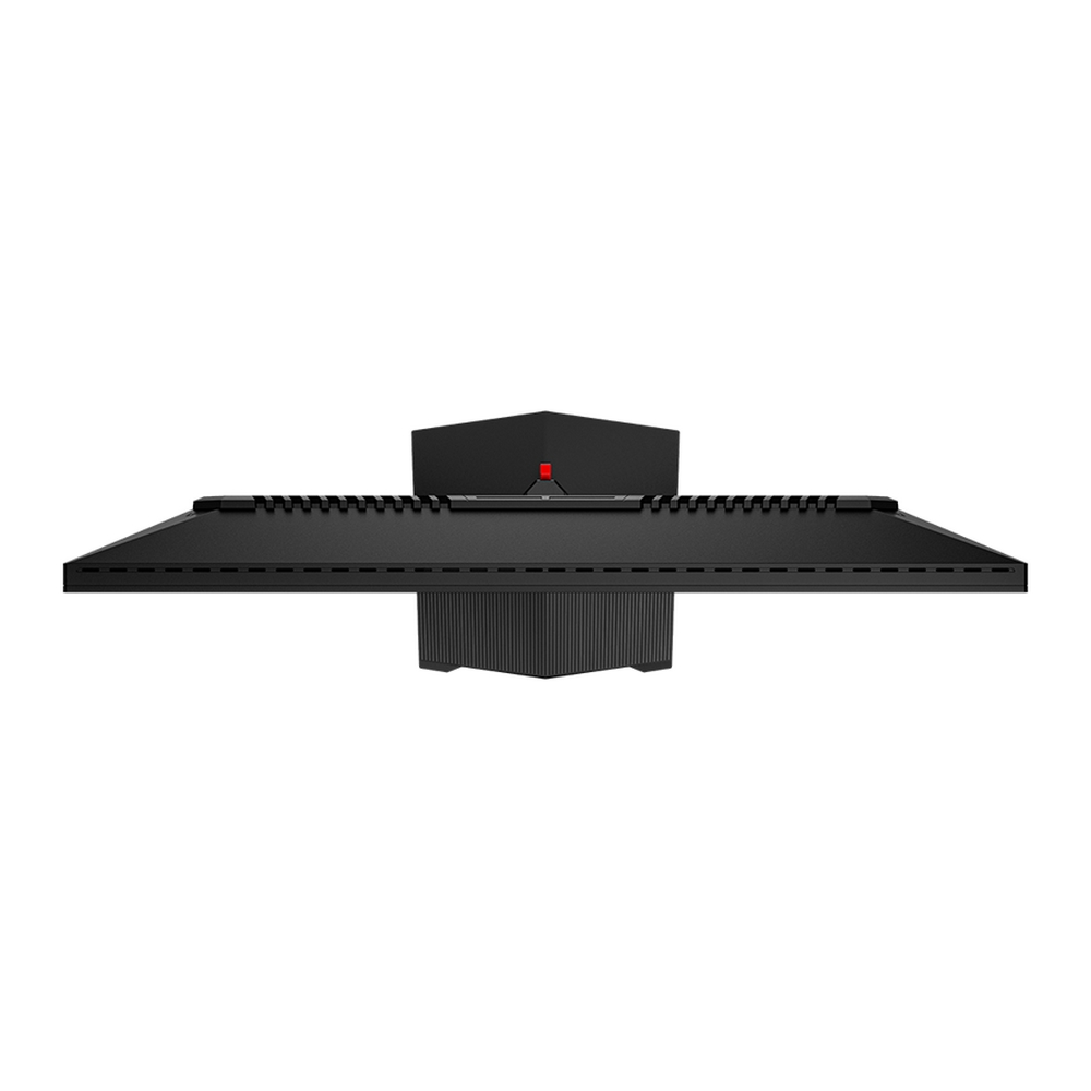 Schwarzer Computermonitor, Draufsicht, mit Bildschirm und Ständer. Rotes Kontrolllicht sichtbar.
