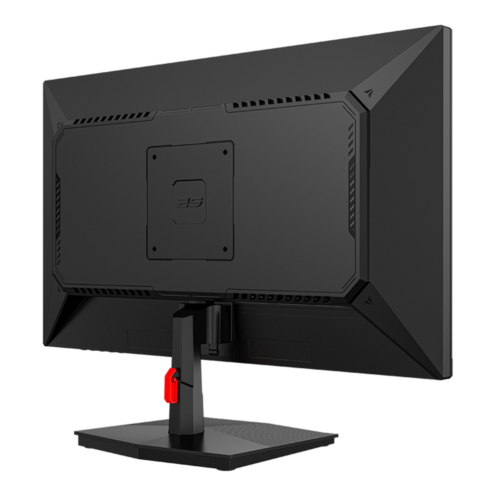 Rückansicht eines schwarzen Computermonitors mit Ständer und roter Akzent am Ständer.
