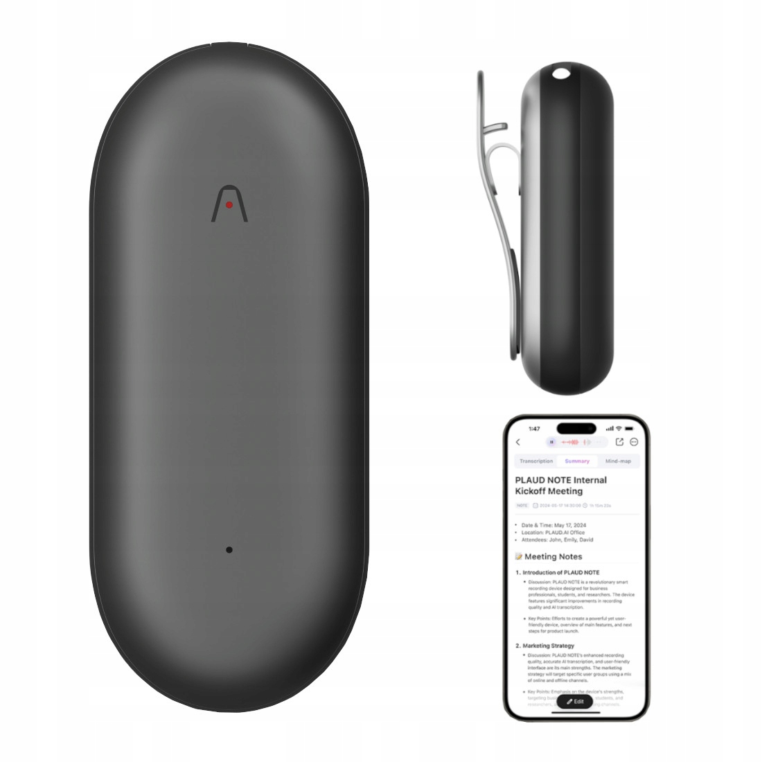 Czarne, zaokrąglone urządzenie z klipsem i ekranem smartfona wyświetlającym notatki ze spotkań.