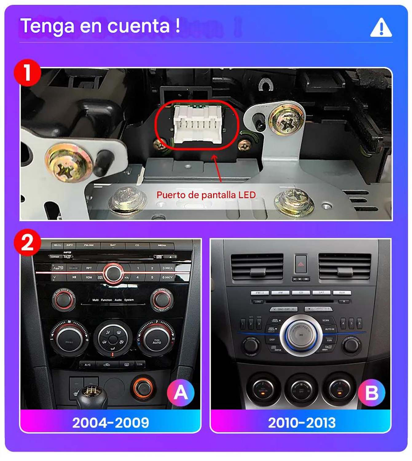 Una imagen que muestra un salpicadero de coche con pantalla, con dos versiones de salpicadero etiquetadas 2004-2009 y 2010-2013.