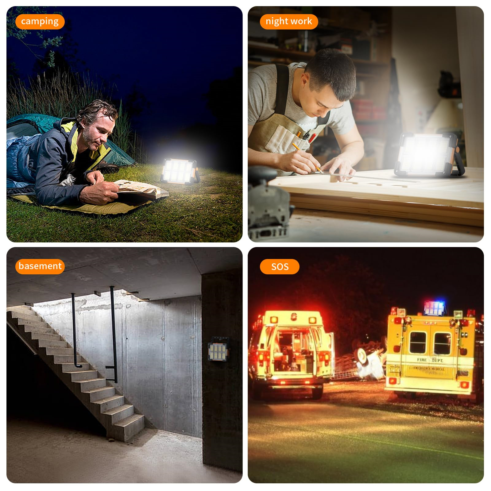 Mann liest bei Nacht in der Nähe einer Lampe. Weitere Bilder zeigen einen Mann bei der Arbeit und einen Krankenwagen.