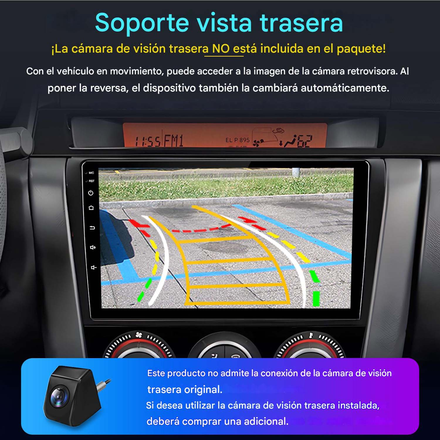 Pantalla de coche mostrando la vista de la cámara de marcha atrás. Muestra guías de estacionamiento y detalles del tablero.