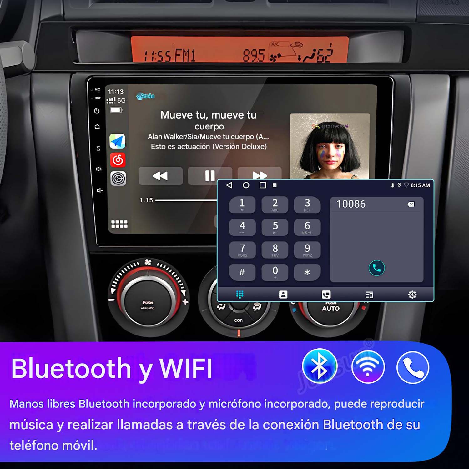 Tablero de un coche mostrando una pantalla con música y un marcador telefónico. El texto dice 'Bluetooth y WIFI'.