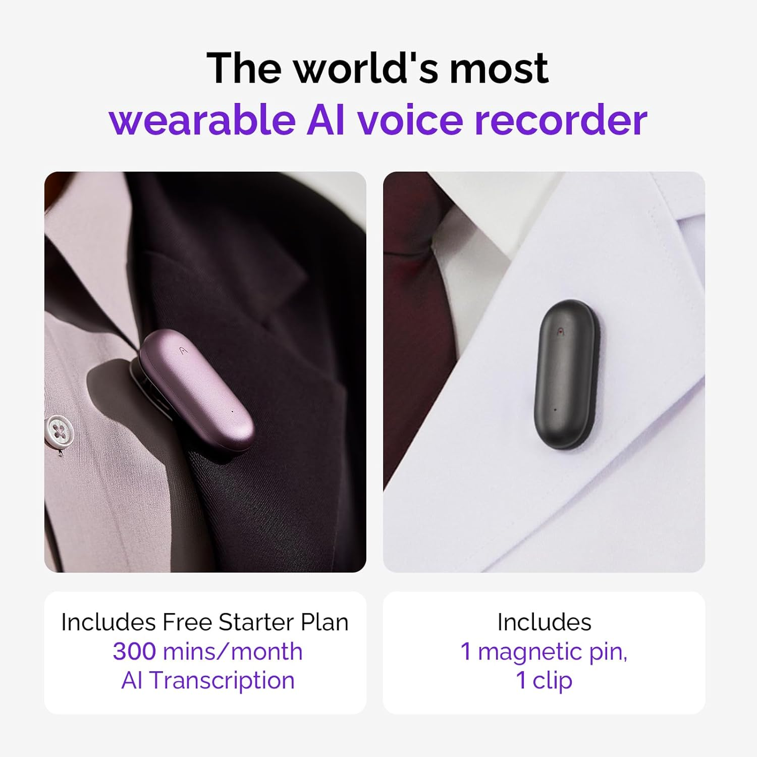 Dwa obrazy pokazują mały, przenośny rejestrator głosu AI. Jeden przypięty do ubrania, drugi ze szczegółami.