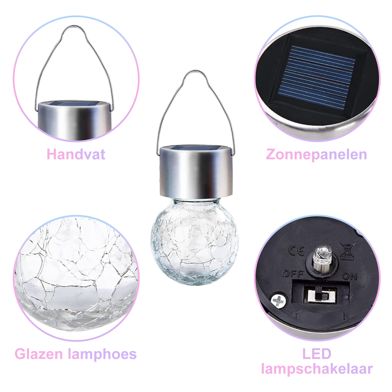 Nahaufnahme einer Glaskugelleuchte mit Metallaufsatz. Bestandteile sind Griff, Solarpanel und Schalter.