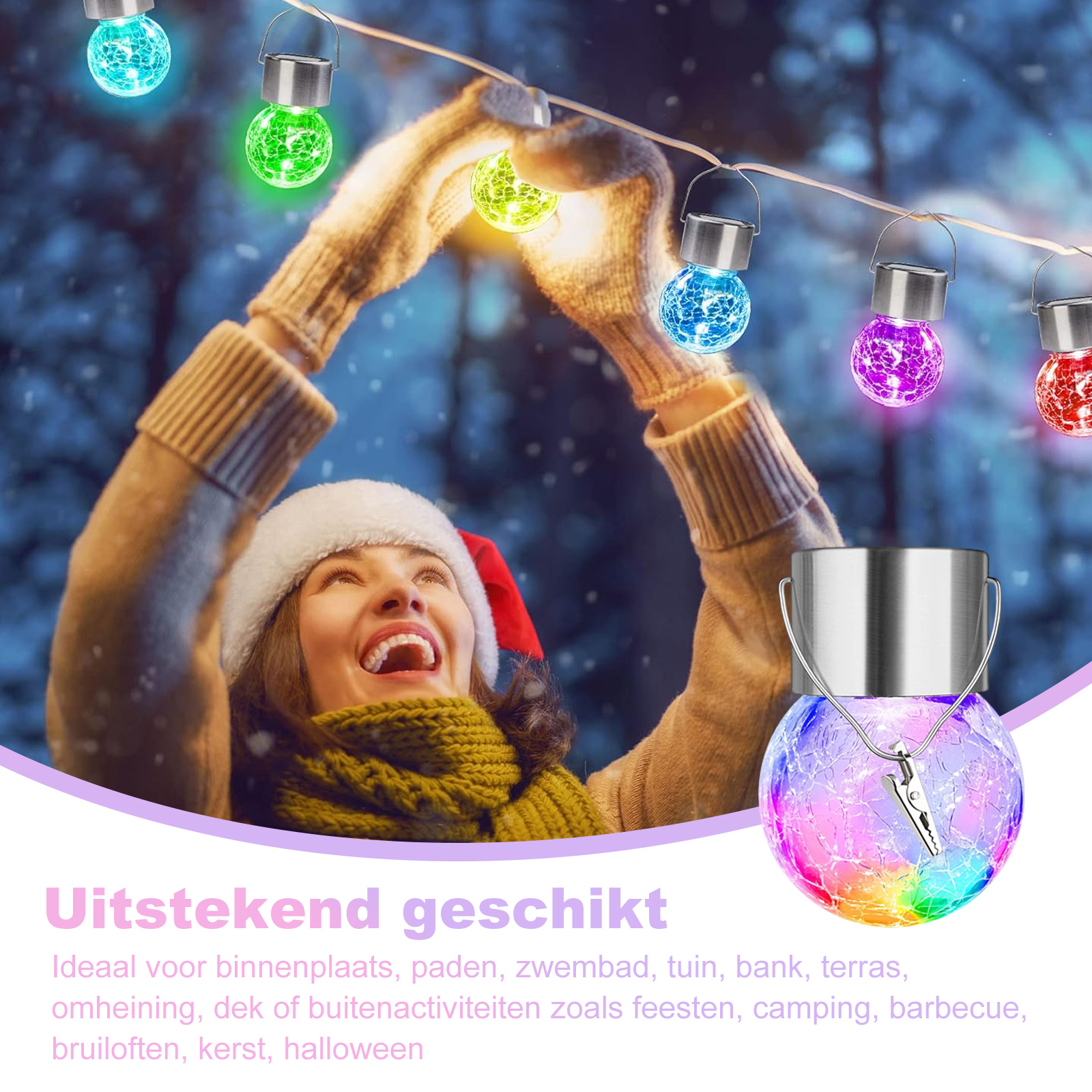 Eine Frau mit Wintermütze hält Solarleuchten mit zerbrochenen Glaskugeln. Text sagt: 'Hervorragend'.