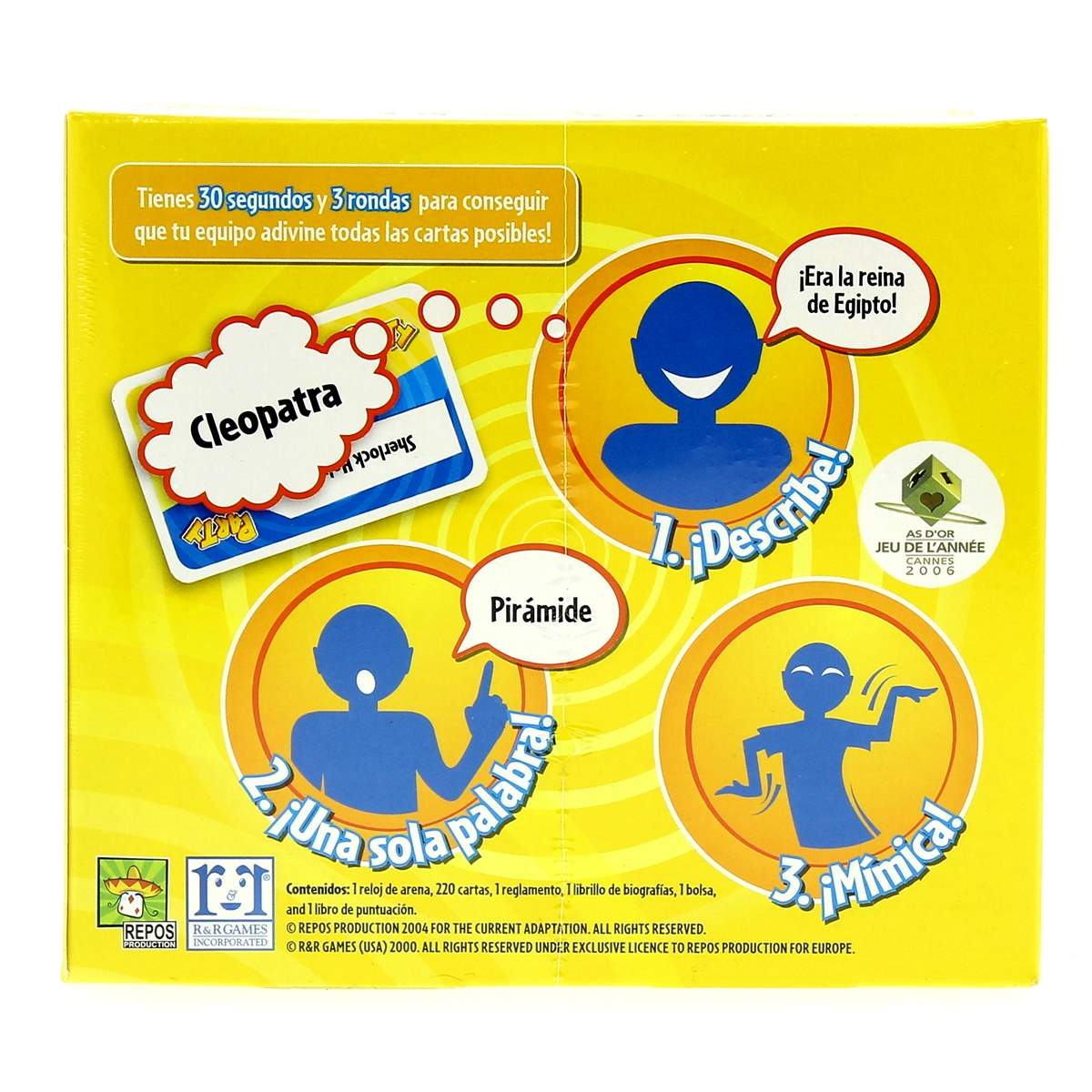 Spielbox mit Illustrationen: Kleopatra, Pyramide, beschreiben, ein Wort, und Mime.