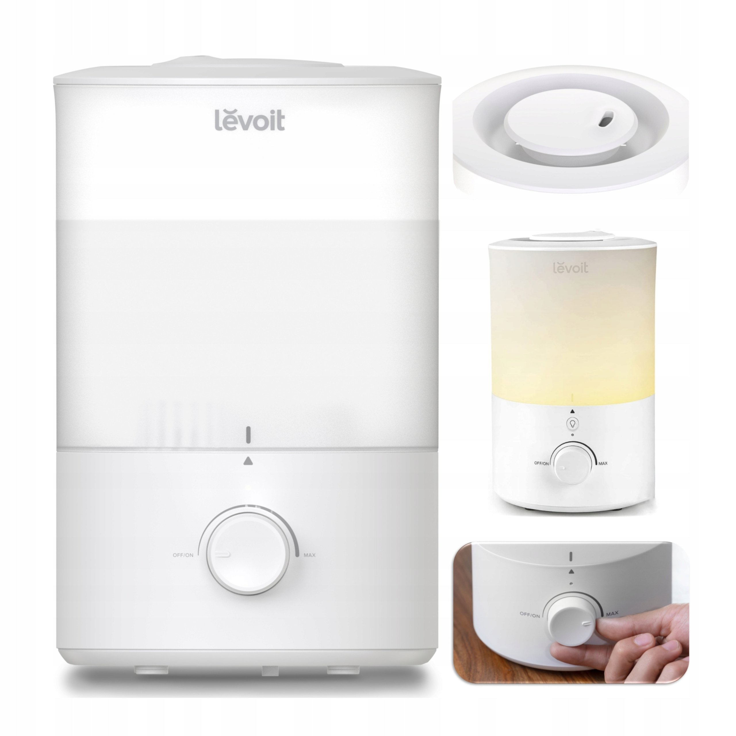 Biały nawilżacz z dużym zbiornikiem na wodę i pokrętłem do regulacji ustawień. Pokazane są trzy dodatkowe widoki.