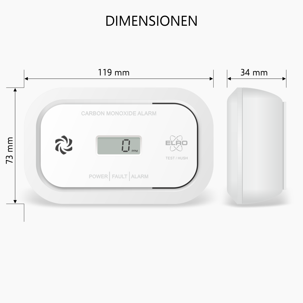 Un allarme monossido di carbonio bianco con dimensioni visualizzate. Ha un display digitale e un'icona dell'altoparlante.