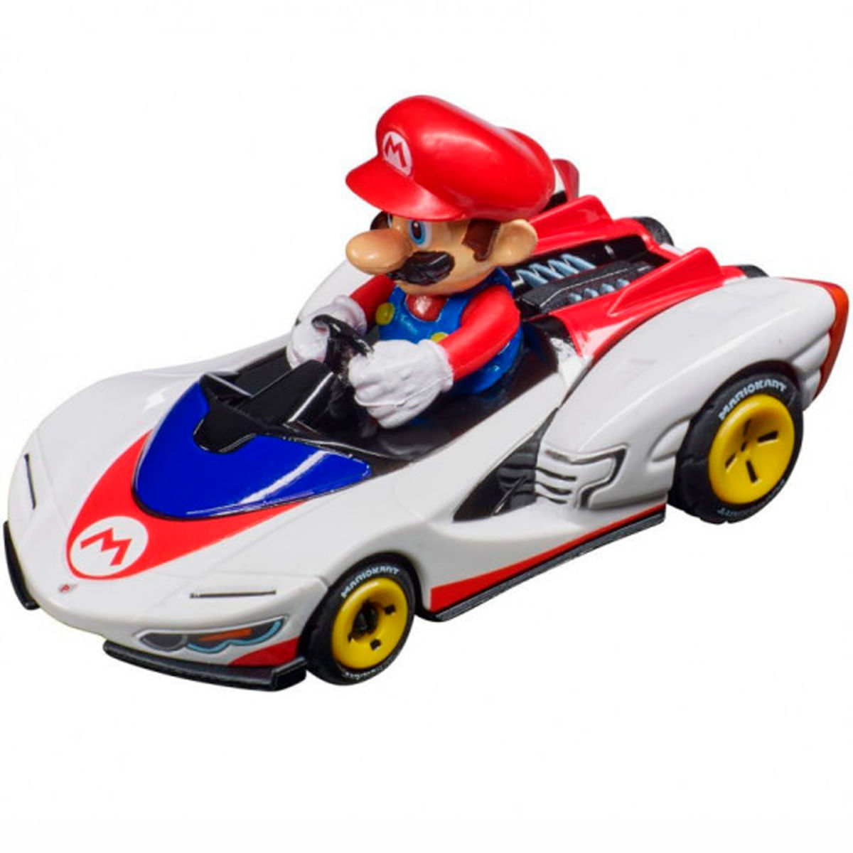 Samochód zabawkowy Mario Kart z Mario za kierownicą. Samochód jest biały, czerwony i niebieski, z żółtymi kołami.