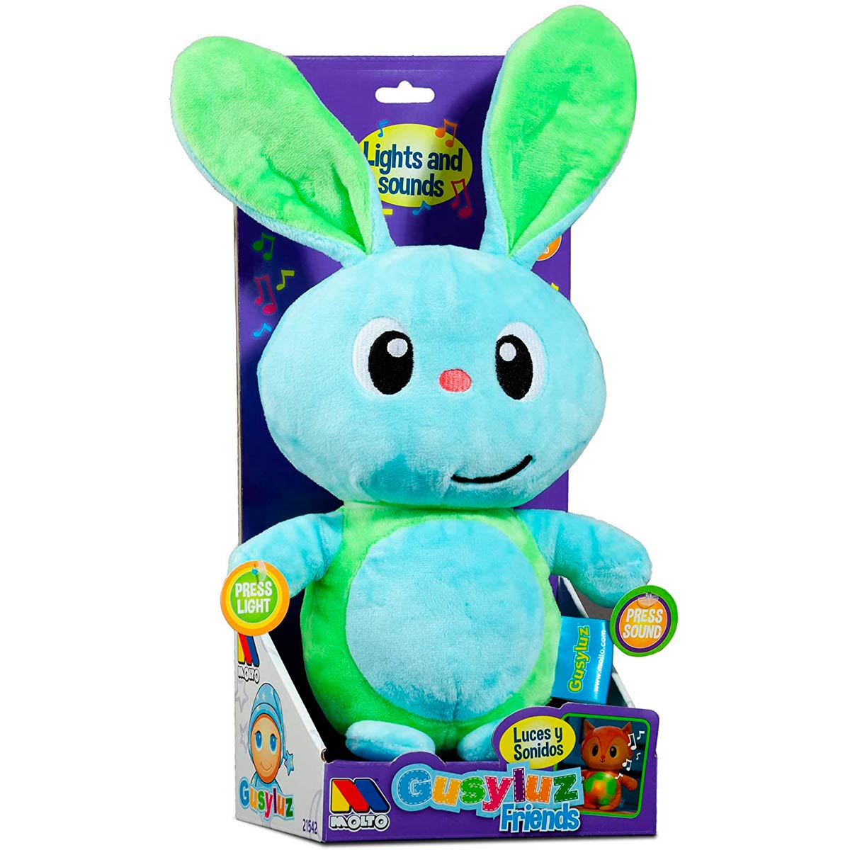 Un peluche de conejito en una caja, con pelaje azul y verde. Tiene una cara feliz y la caja dice 'Luces y Sonidos'.