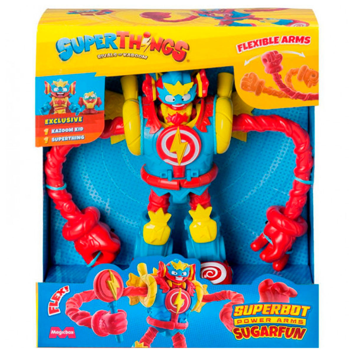 Un set de juguetes SuperThings. La caja muestra un robot azul y rojo con brazos flexibles. La caja dice 'SuperThings'.