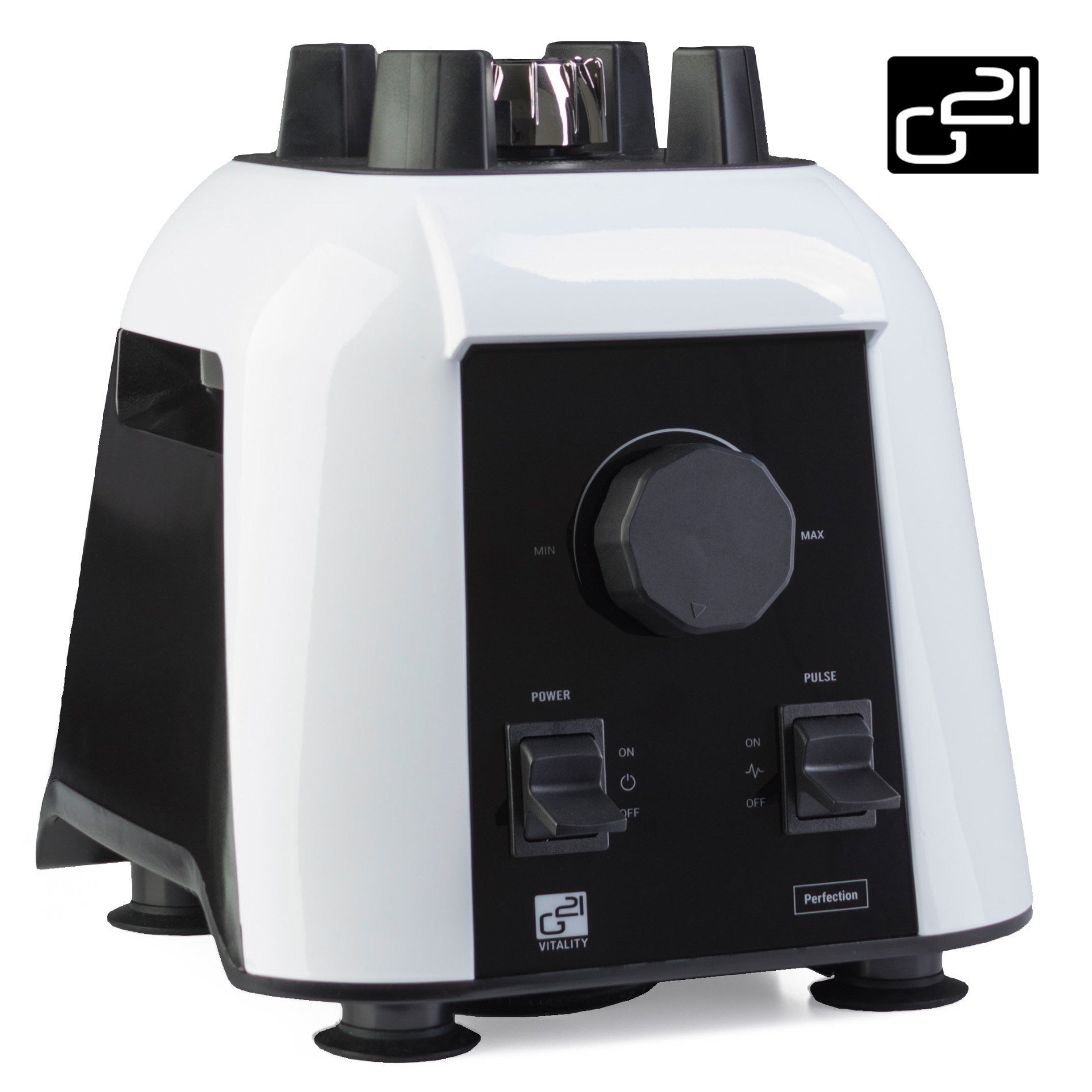 Biało-czarny blender z przyciskami zasilania i pulsu. Pokrętło znajduje się z przodu.