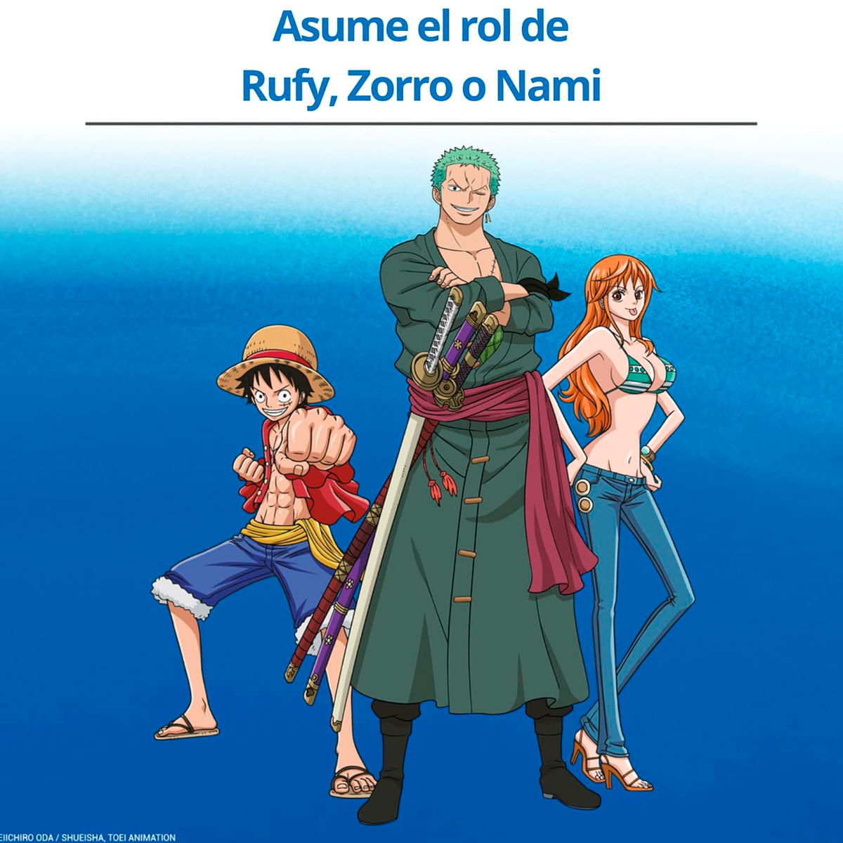 Trzy postacie z anime: Luffy, Zoro i Nami, stojące na niebieskim tle. Tekst nad nimi w języku hiszpańskim.