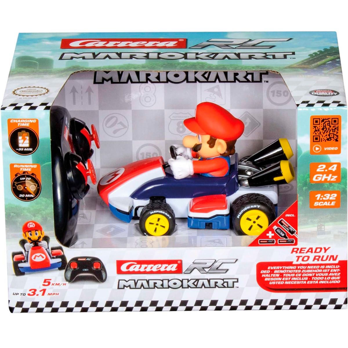 Un juego de juguetes de Mario Kart. Un coche de carreras rojo y blanco está en la caja. Un mando a distancia está a la izquierda.
