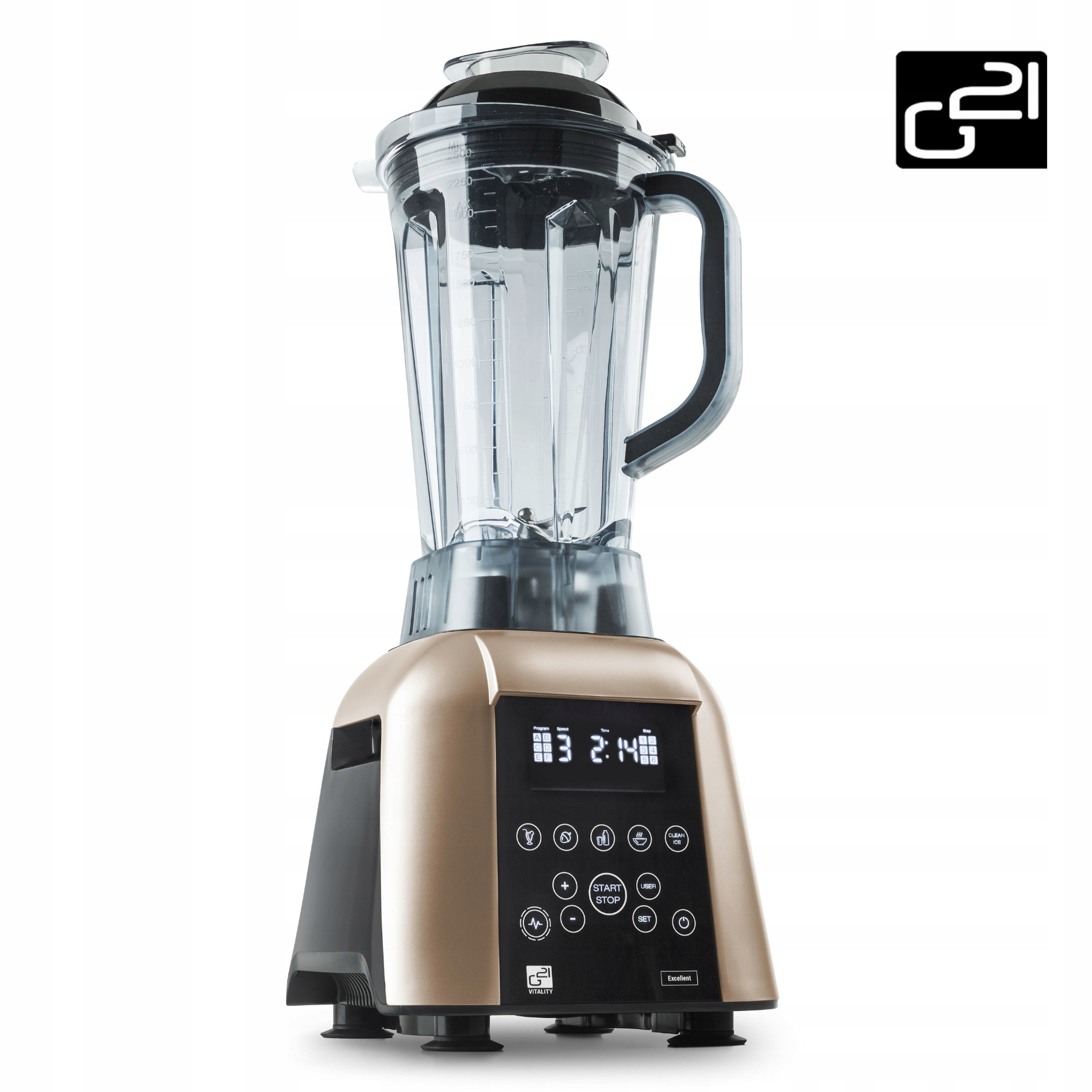 Złoty i czarny blender z przezroczystym dzbanem. Wyświetlacz pokazuje czas. Logo znajduje się w prawym górnym rogu.