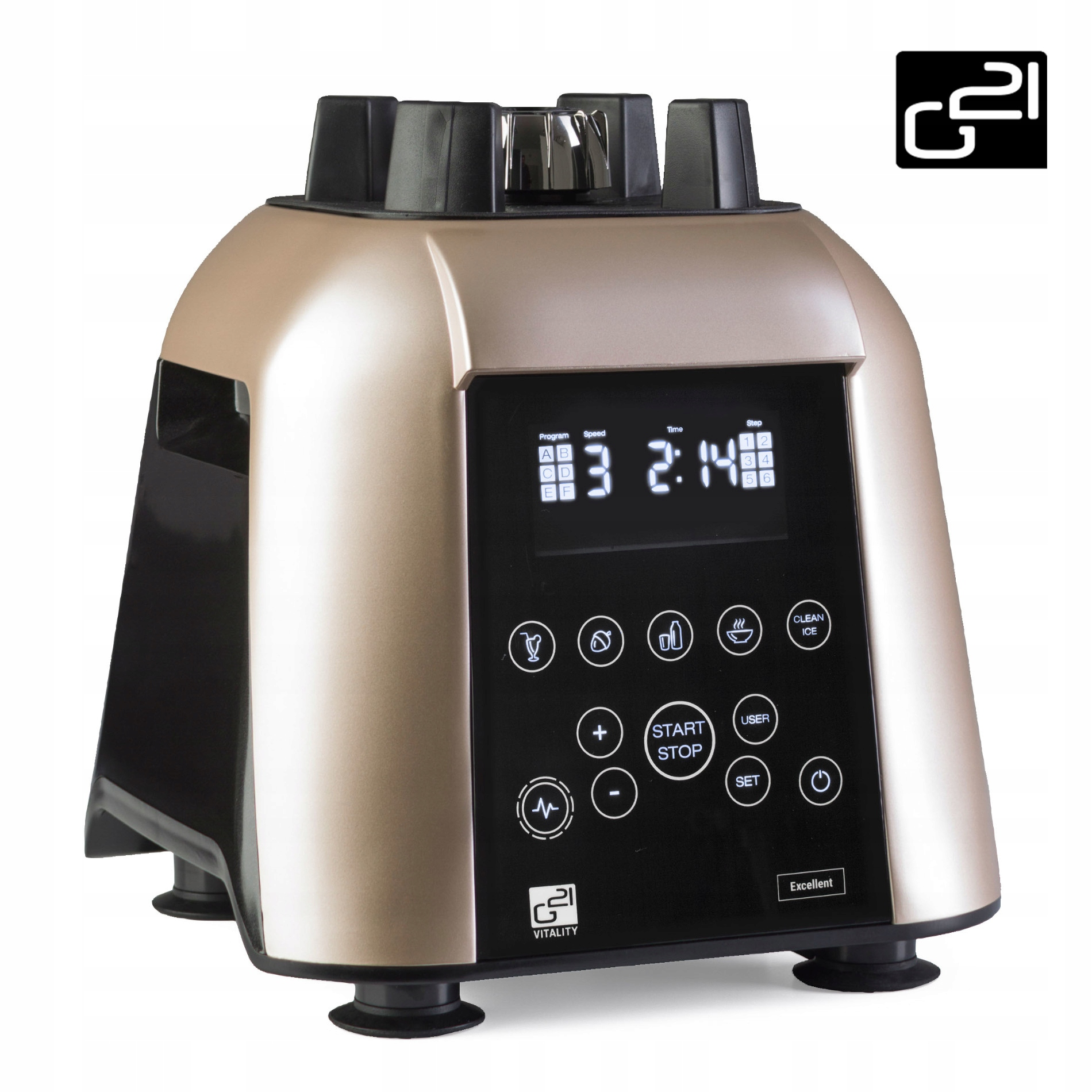 Złota podstawa blendera z cyfrowym wyświetlaczem i przyciskami. Ma czarno-złoty design.