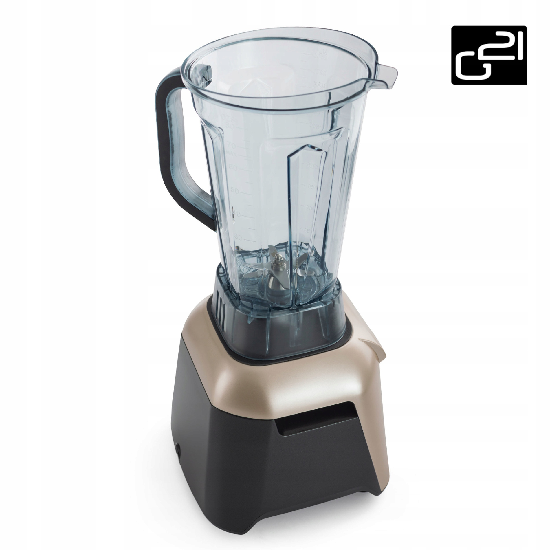Złoty i czarny blender z przezroczystym dzbanem, widoczne ostrze. Logo znajduje się w prawym górnym rogu.