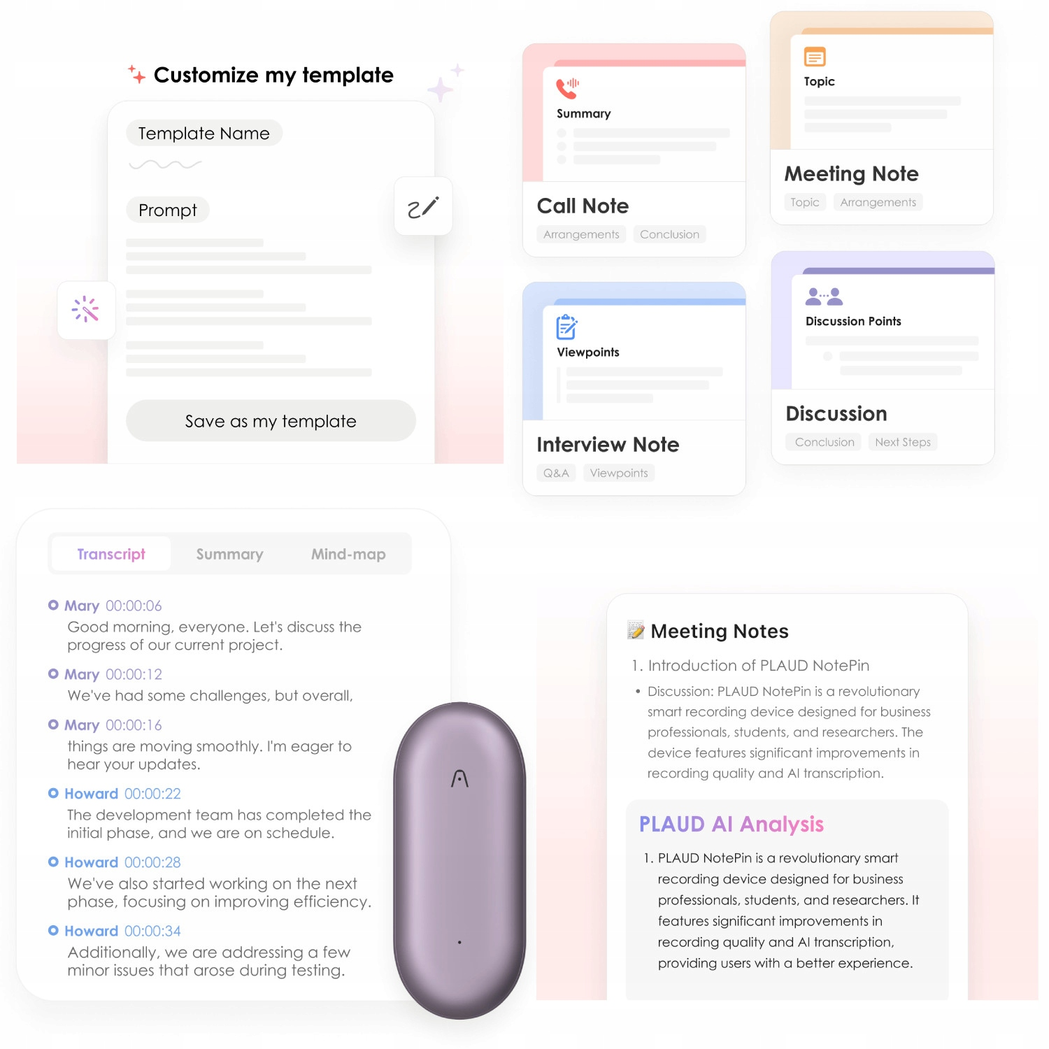 Interfejs aplikacji do robienia notatek z fioletowym urządzeniem. Pokazuje transkrypt, podsumowanie i mapę myśli. Tekst o analizie AI.