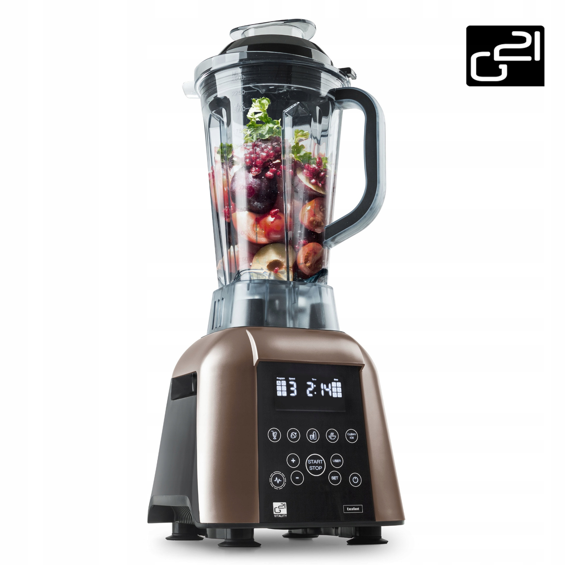 Złoty blender z przezroczystym pojemnikiem wypełnionym owocami. Ma cyfrowy wyświetlacz i przyciski.