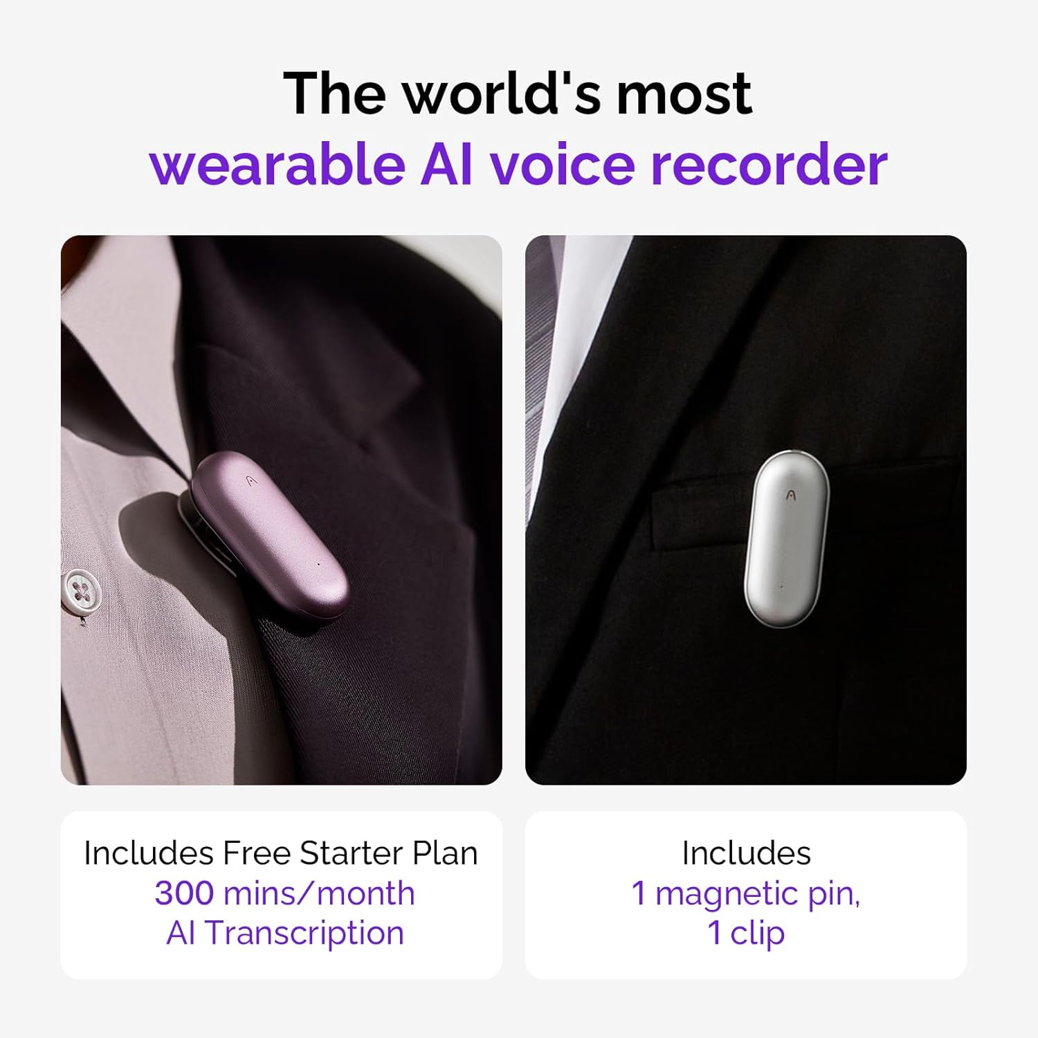 Dwa obrazy przenośnego rejestratora głosu AI. Pokazano go przypiętego do marynarki i koszuli. Tekst opisuje funkcje.