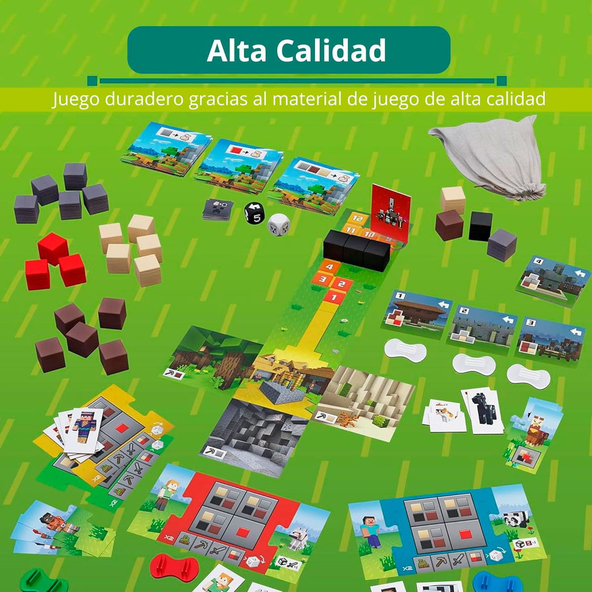 Gra planszowa z zielonym tłem. Na planszy znajdują się karty, kostki do gry i pionki.