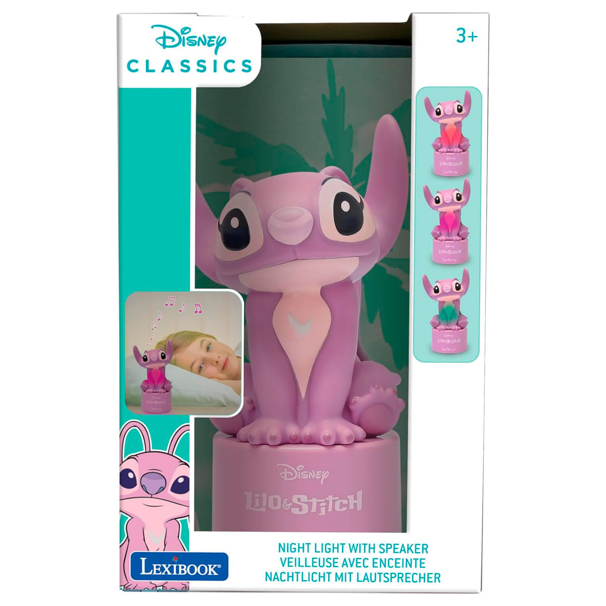 Scatola Disney Classics con una luce notturna di Stitch. Include un bambino accanto a una figura di Stitch.