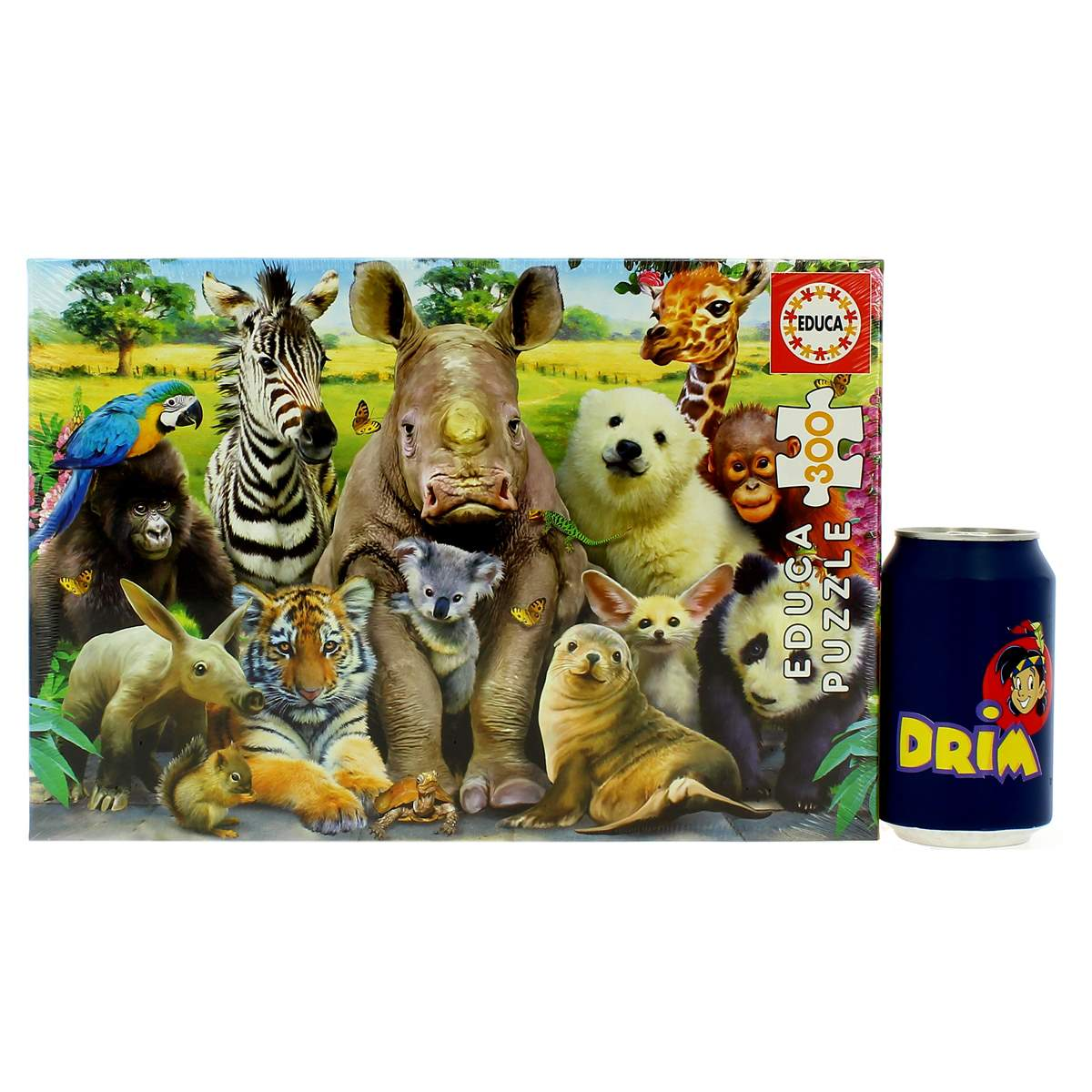 Pudełko Educa Puzzle z różnymi zwierzętami: zebrą, nosorożcem, pandą, żyrafą, koalą i innymi.